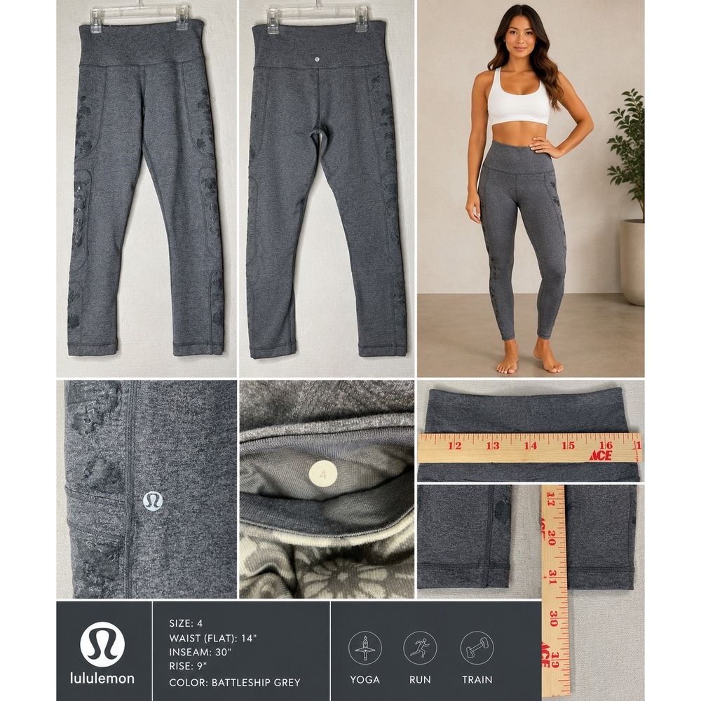 Lululemon Gray Heathered Floral Silicone Print Crop Leggings High Rise Yoga 4